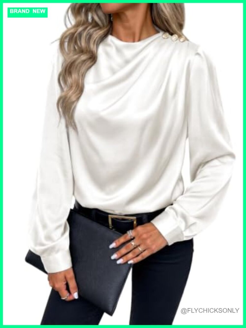 Satin Mock Neck Blouse with Shoulder Button Detail Long Sleeve